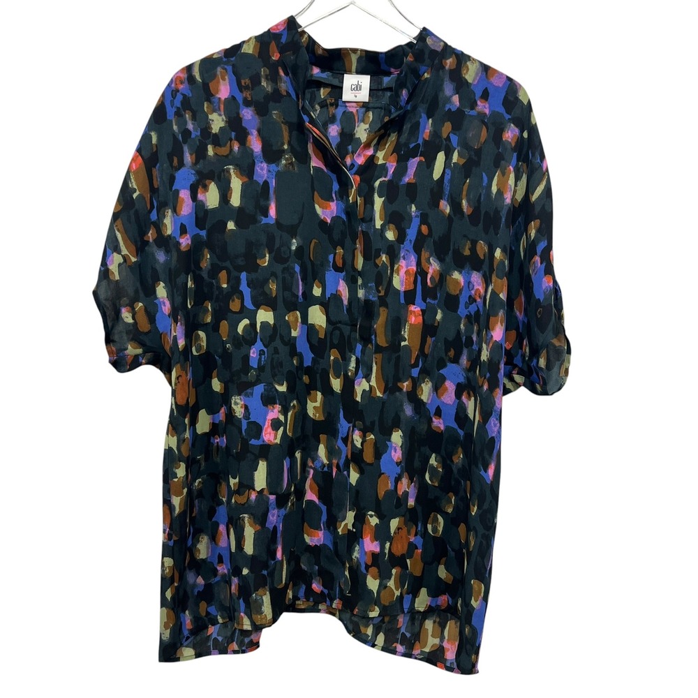 Cabi Abstract Painterly Print Split Neck Blouse Top 3143 Multi Large Artsy